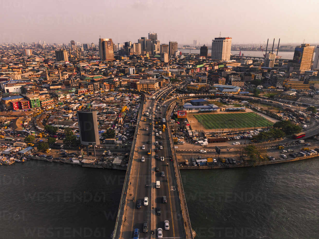 Aerial view of beautiful cityscape with skyscrapers and the lekki ikoyi link bridge, Lagos, Nigeria.
