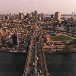 Aerial view of beautiful cityscape with skyscrapers and the lekki ikoyi link bridge, Lagos, Nigeria.